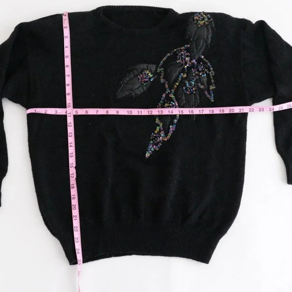 Vintage Black with Beaded Floral Knit Crewneck Sweater - Picture 4 of 12